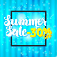 Summer Sale Lettering over Blue Abstract Background. Vector Illustration of Calligraphy Text. Commercial Poster.