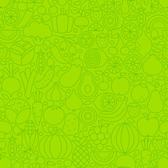 Thin Line Green Eat Healthy Vegetarian Seamless Pattern. Vector Website Design and Tile Background in Trendy Modern Outline Style. Fresh Fruit and Vegetable Vegan Food.