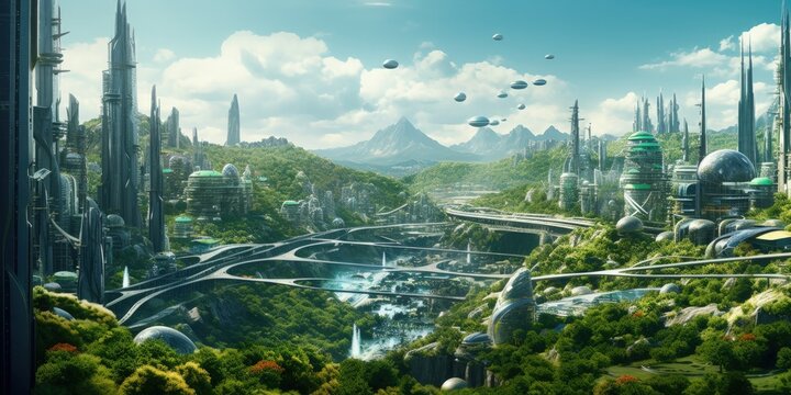 Futuristic utopia megacity concept. Green eco friendly metropolis illustration. Generative AI.