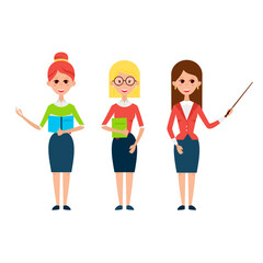 Woman Teacher Characters. Flat Style Vector Illustration of Business People Lecturer isolated over White.