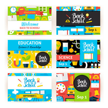Back to School Greeting Invitation Set. Flat Design Vector Illustration of Brand Identity for Education  Science Promotion.