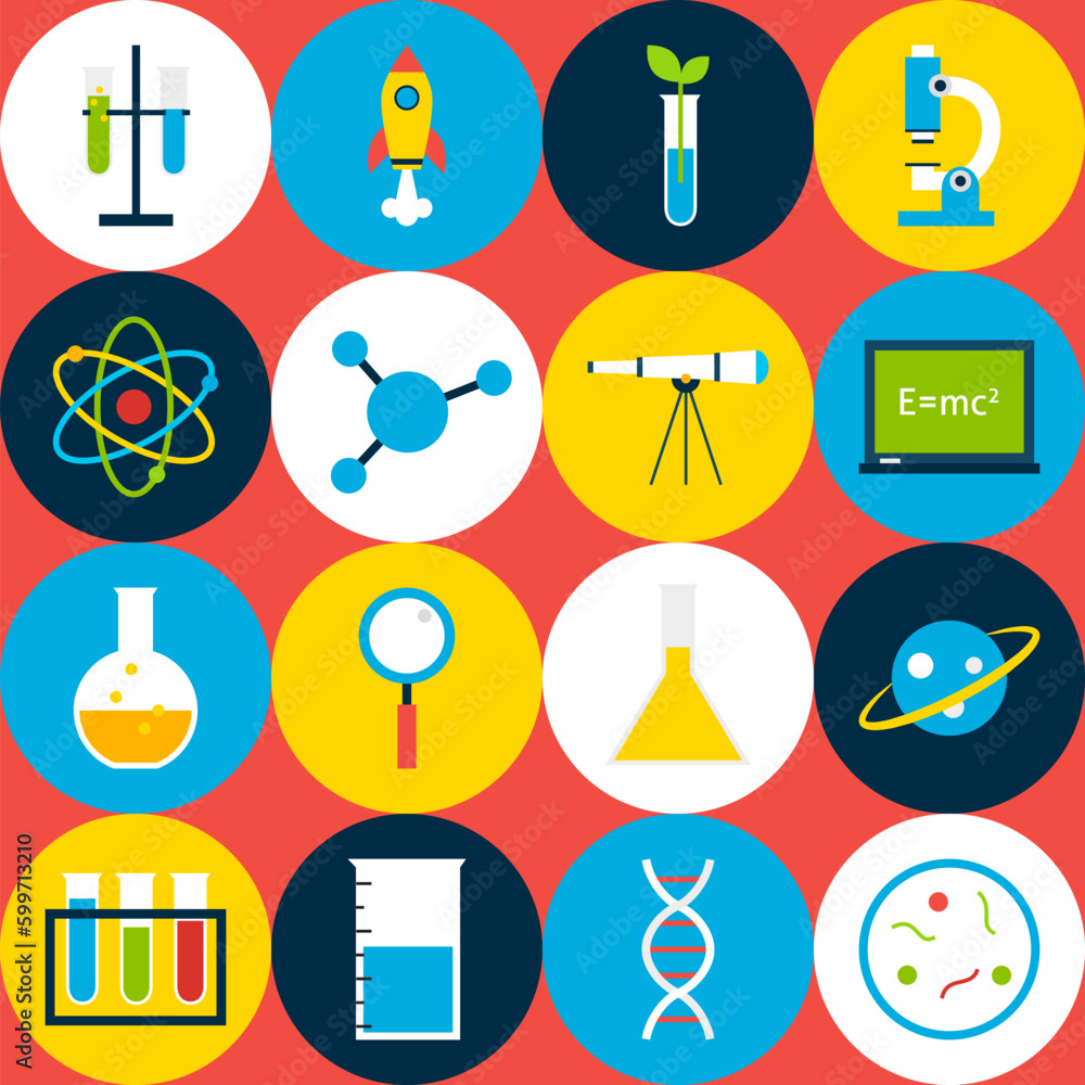 Poster red tile science background with circles. flat style vector seamless pattern. education and school.