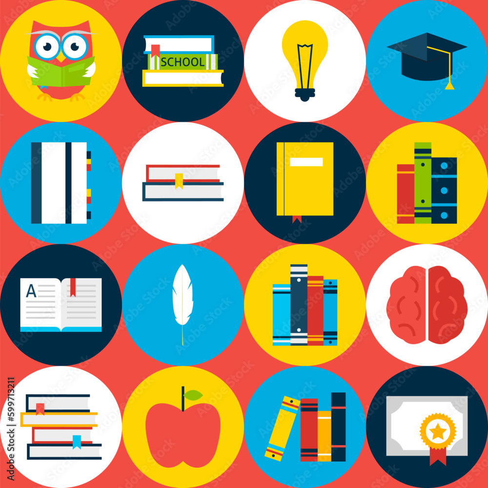 Poster red tile read books background. flat style vector seamless pattern. wisdom and knowledge.