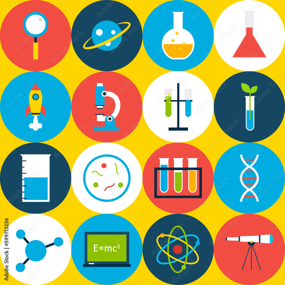 Aufkleber yellow tile science background with circles. flat style vector seamless pattern. education and schoo
