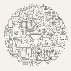 Barbecue Party Line Icons Circle. Vector Illustration of Grill Menu Outline Objects.