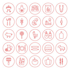 Line Circle BBQ Icons Set. Vector Illustration of Outline Grill Menu Objects.