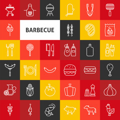 Vector Line Barbecue Icons. Thin Outline Grill Menu Symbols over Colorful Squares.