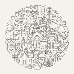 Camping Line Icons Circle. Vector Illustration of Summer Camp Outline Objects.