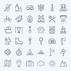 Line Camping Icons. Vector Collection of Modern Thin Outline Adventure Camp Symbols.