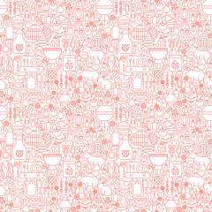 Line BBQ White Seamless Pattern. Vector Illustration of Outline Tile Background. Grill Menu.