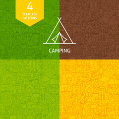 Thin Line Camping Pattern Set. Four Vector Website Design Seamless Backgrounds. Summer Camp.