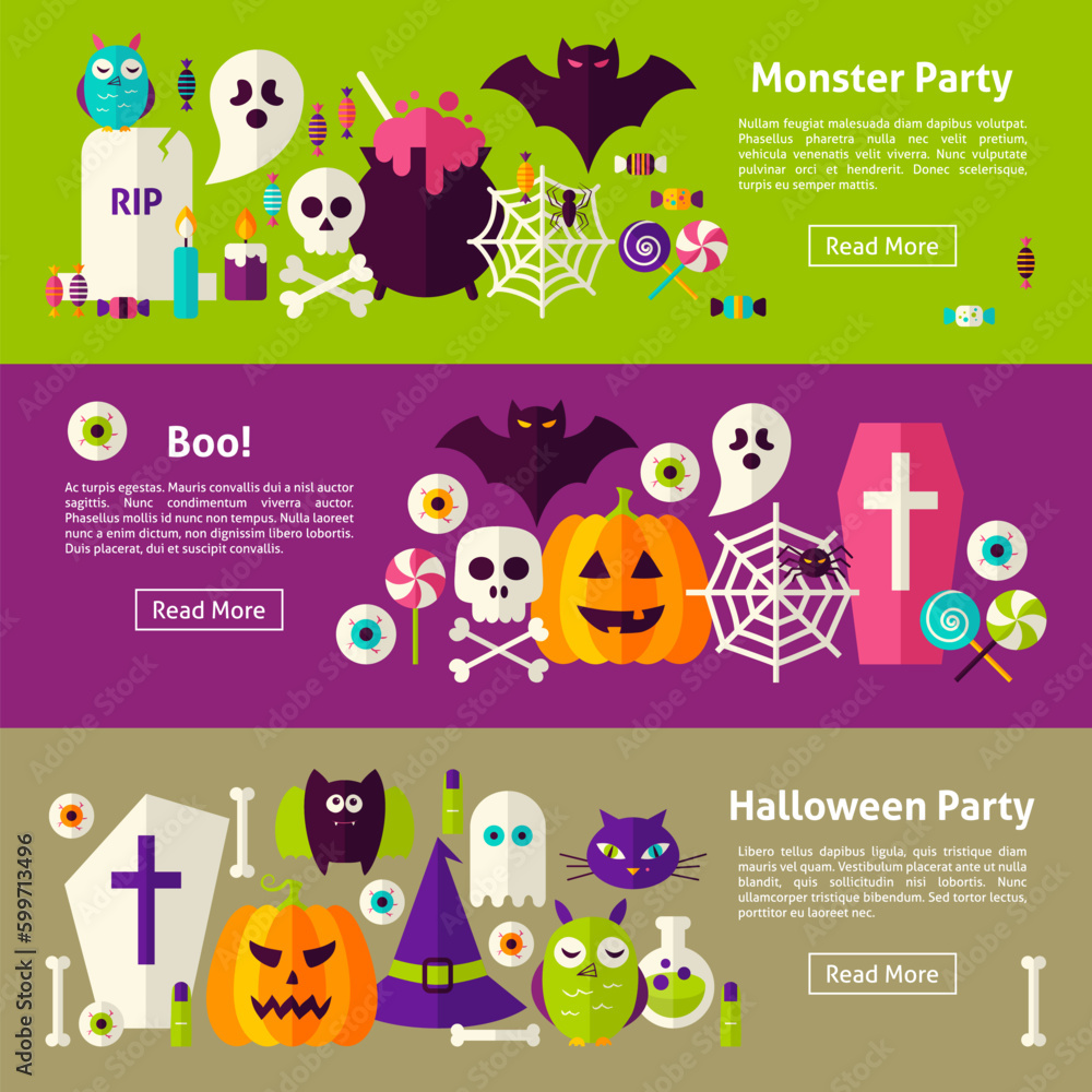 Poster Halloween Party Web Horizontal Banners. Flat Style Vector Illustration for Website Header. Trick or Treat Objects.