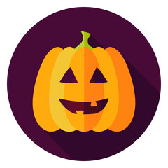 Jack Lantern Circle Icon. Flat Design Vector Illustration with Long Shadow. Happy Halloween Symbol.