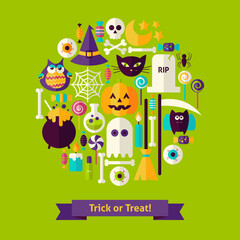 Trick or Treat Halloween Concept. Vector Illustration of Scary Party Colorful Objects.