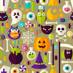 Naklejka premium Halloween Seamless Background. Vector Illustration of Scary Holiday Flat Style Tile Pattern. Trick or Treat.