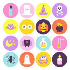 Halloween Circle Icons Set. Flat Style Vector Illustration in Trendy Colors. Scary Party Holiday. Trick or Treat.