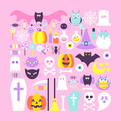 Cute Halloween Objects in Trendy Colors. Flat Style Vector Illustration. Set of Scary Holiday Modern Design Elements.