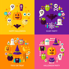 Halloween Holiday Concepts Set. Flat Design Vector Illustration. Collection of Trick or Treat Posters.