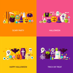 Halloween Party Concepts Set. Flat Design Vector Illustration. Collection of Trick or Treat Colorful Objects.