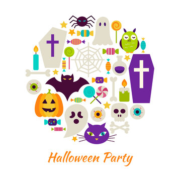 Halloween Party Objects over White. Vector Illustration of Trick or Treat isolated Items Set.