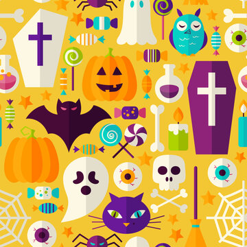 Halloween Party Seamless Pattern. Vector Illustration of Scary Holiday Flat Style Tile Background. Trick or Treat.