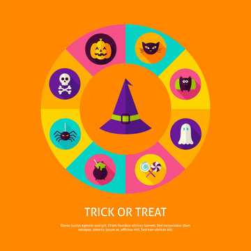 Trick or Treat Infographic Concept. Vector Illustration of Halloween Infographics Circle with Witch Hat and Circle Icons.