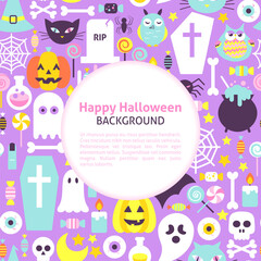 Happy Halloween Trendy Background. Flat Style Vector Illustration for Scary Holiday Promotion. Colorful Trick or Treat Objects.