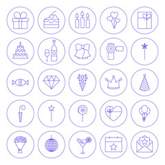 Line Circle Celebration Icons. Vector Illustration of Outline Birthday Party Objects.