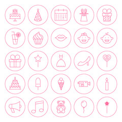 Line Circle Party Icons. Vector Illustration of Outline Birthday Celebration Objects.