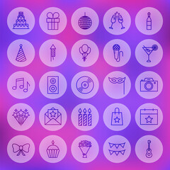 Line Circle Birthday Web Icons. Vector Illustration of Outline Party Symbols over Blurred Background.