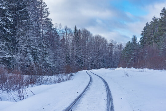 Railway track in the forest at winter day.
