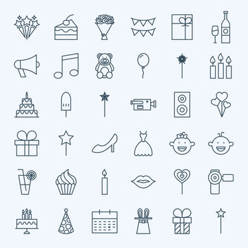 Line Birthday Celebration Icons. Vector Collection of Modern Thin Outline Party Symbols.
