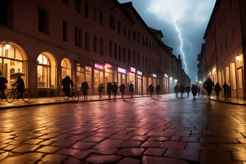 Fototapeta premium Evening streets of the old town with bright orange lanterns reflecting off the wet cobblestones in a storm with lightning and silhouettes of crowds of people with umbrellas. Generative AI.