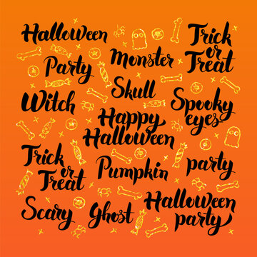 Happy Halloween Lettering Design. Vector Illustration of Trick or Treat Calligraphy with Hand Drawn Sketches.