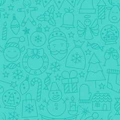 Line New Year Tile Blue Pattern. Vector Winter Seamless Background in Outline Style. Merry Christmas.