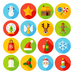 Fototapeta na wymiar Winter Christmas Flat Icons. Vector Illustration. Happy New Year Holiday. Collection of Circle Items with Long Shadow.