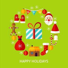 Happy Holidays Flat Concept. Poster Design Vector Illustration. Set of Merry Christmas Objects.