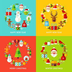 Happy New Year Concepts Set. Flat Design Vector Illustration. Collection of Christmas Posters.