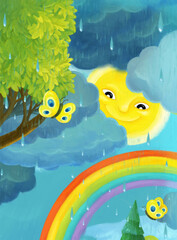 Fototapeta na wymiar cartoon rainy scene with butterflies and rainbow illustration
