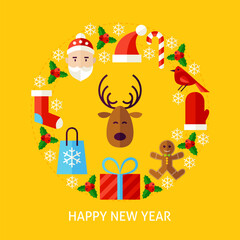 Happy New Year Postcard. Flat Poster Design Vector Illustration. Collection of Winter Holiday Objects.