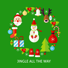 Jingle All The Way Postcard. Poster Design Vector Illustration. Set of Merry Christmas Objects.