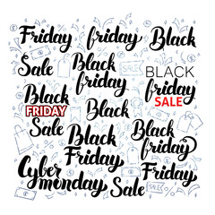 Black Friday Lettering with Doodles. Vector Illustration of Shopping Sale Calligraphy over White with Silver Doodles.