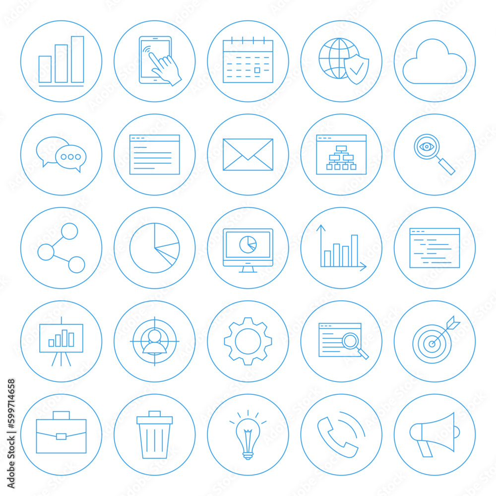Poster line circle website development icons. vector illustration of outline seo objects.