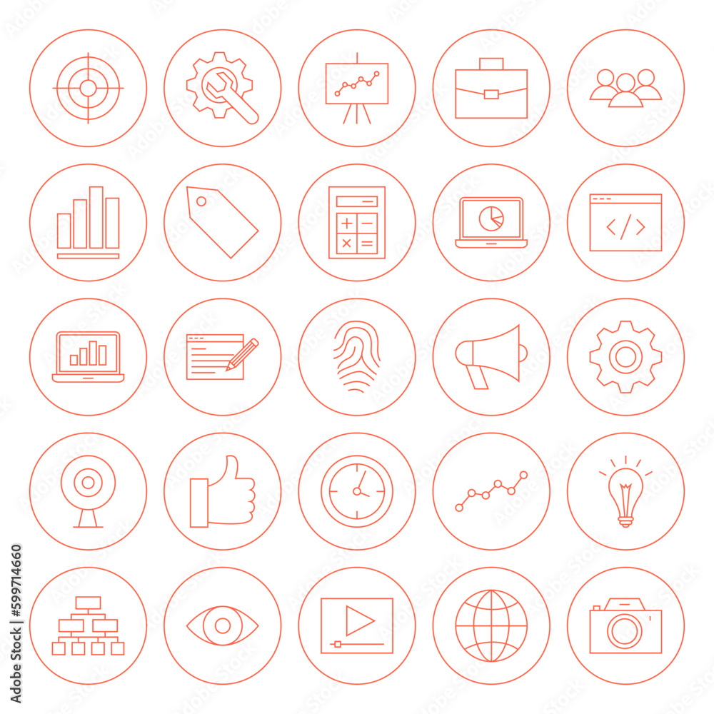 Poster line seo circle icons. vector illustration of outline web development objects.