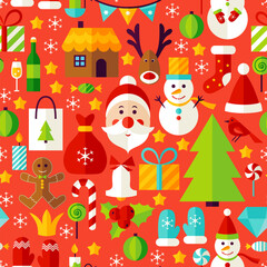 Fototapeta premium New Year Red Tile Pattern. Merry Christmas Flat Design Vector Illustration. Seamless Background.