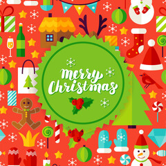 Fototapeta na wymiar Merry Christmas Greeting Card. Flat Style Vector Illustration for Happy New Year Winter Holiday.