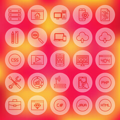 Line Circle Web Coding Icons. Vector Illustration of Outline Programming Symbols over Blurred Background.