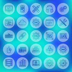 Fototapeta premium Line Circle Web Programming Icons. Vector Illustration of Outline Coding Symbols over Blurred Background.