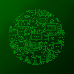 Line Coding Icons Circle. Vector Illustration of Programming Outline Objects over Green Blurred Background.