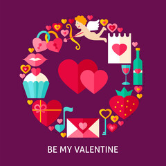 Be My Valentine Flat Concept. Poster Design Vector Illustration. Collection of Love Holiday Objects.